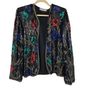 Scala Vintage 100% Silk Sequin Embellished Evening Jacket Size L Floral